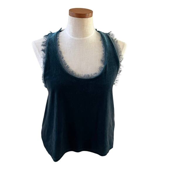 Ecote Velvet Sleeveless Fringed Tank Top Peacock Blue M - Picture 1 of 6